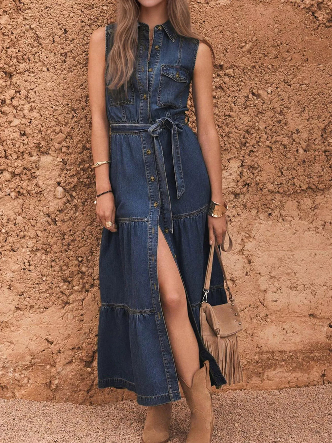 Button Front Sleeveless Denim Dress 