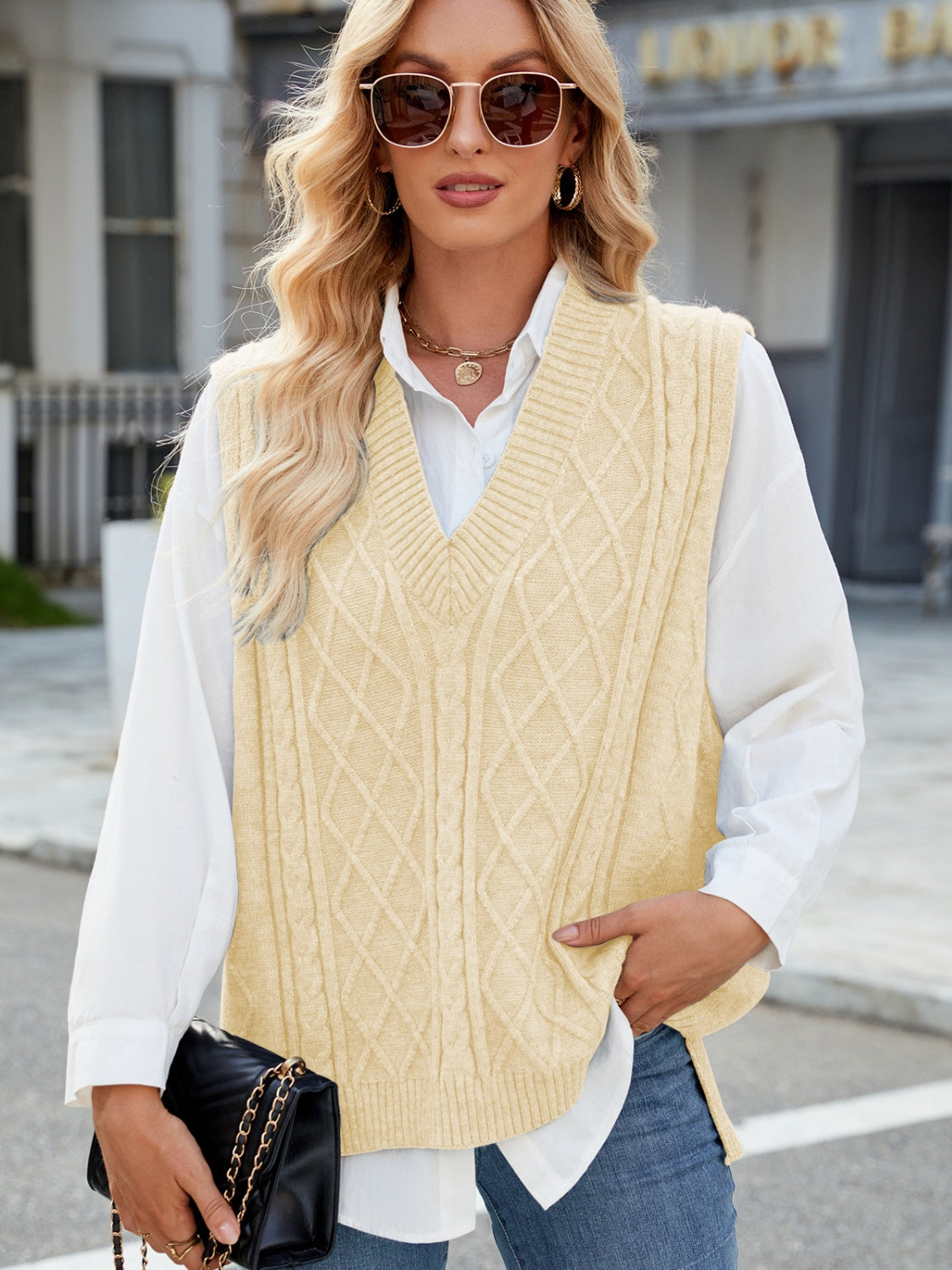 Cable Knit V-Neck Sweater Vest 