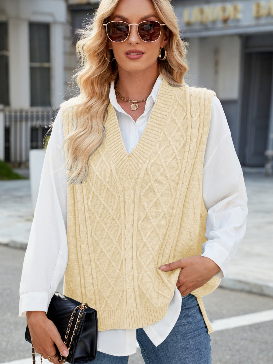 Cable Knit V-Neck Sweater Vest 