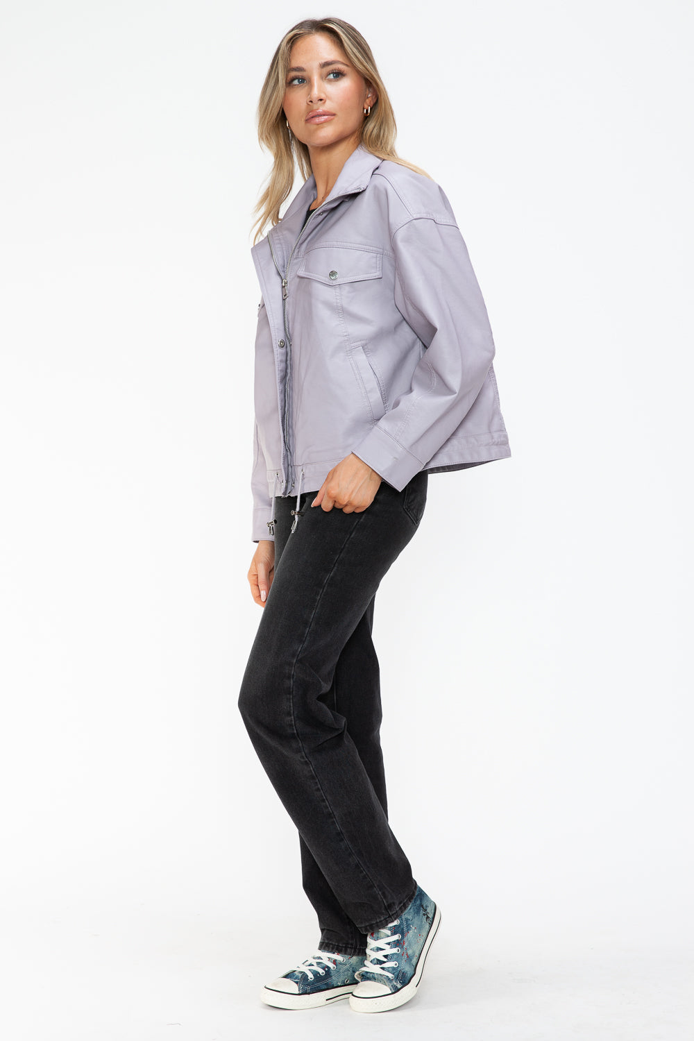 How Dare U Drawstring Hem PU Leather Zip Up Jacket 