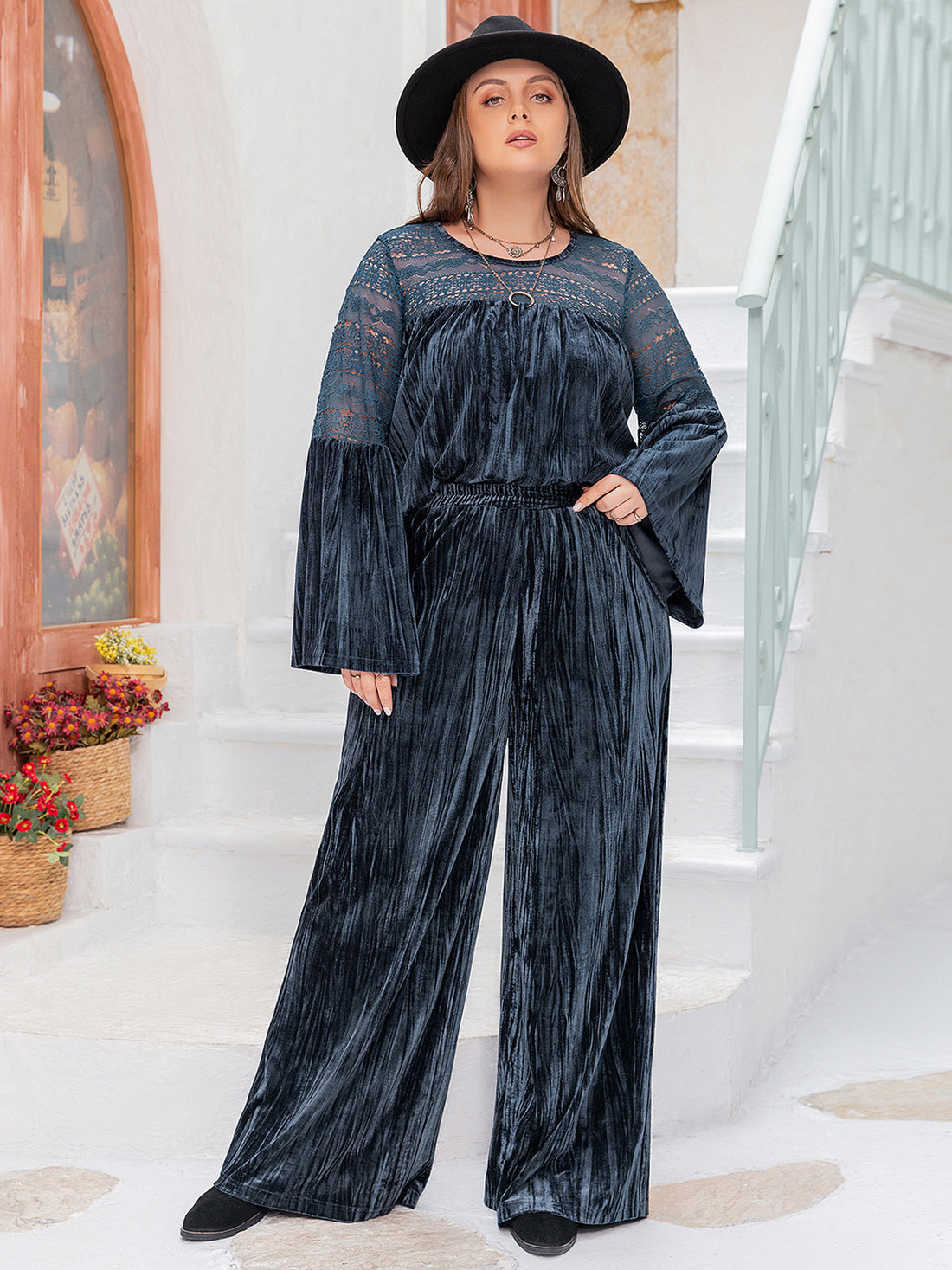 Plus Size Round Neck Flare Sleeve Top and Pants Set 