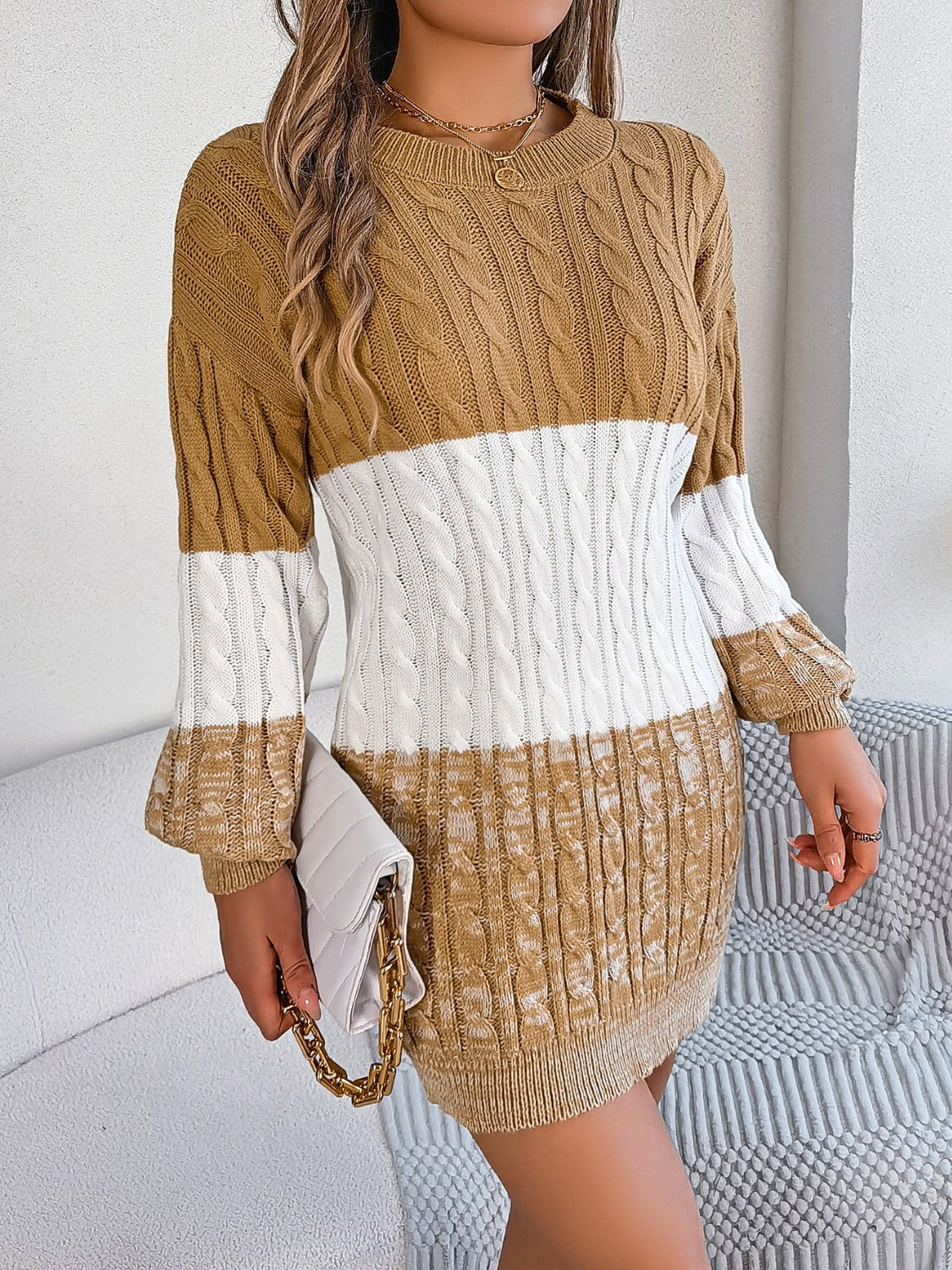 Cable-Knit Round Neck Color Block Sweater Dress 