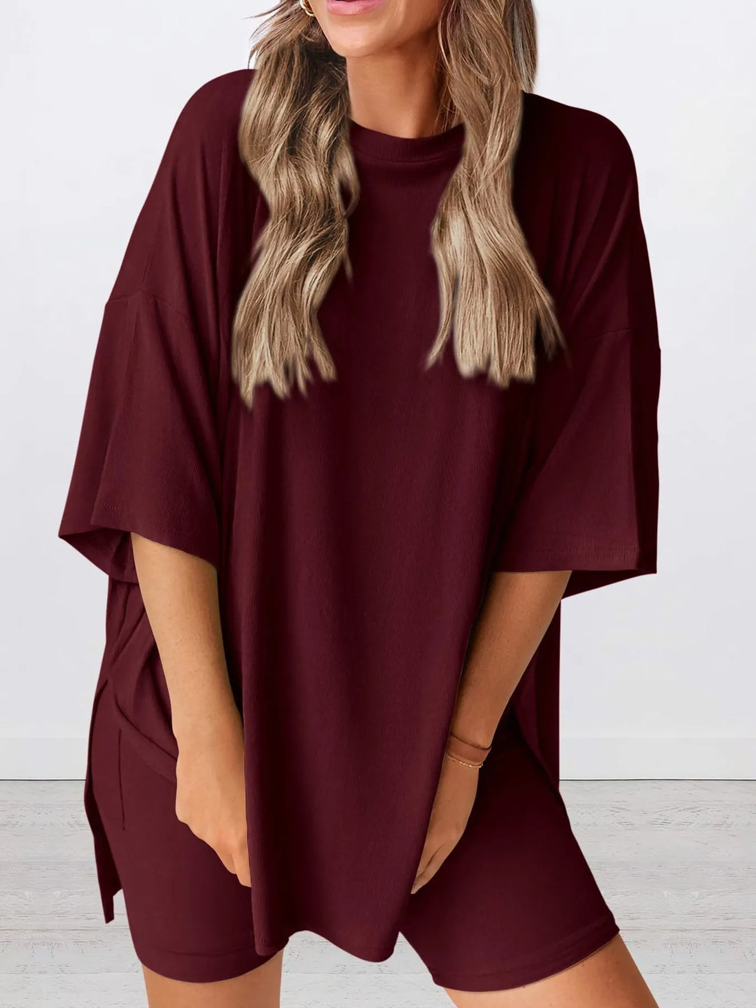 Full Size Oversized Slit Round Neck Top and Shorts Lounge Set Plus Size Lingerie & Nightwear