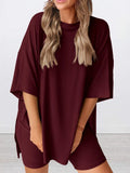 Full Size Oversized Slit Round Neck Top and Shorts Lounge Set Plus Size Lingerie & Nightwear