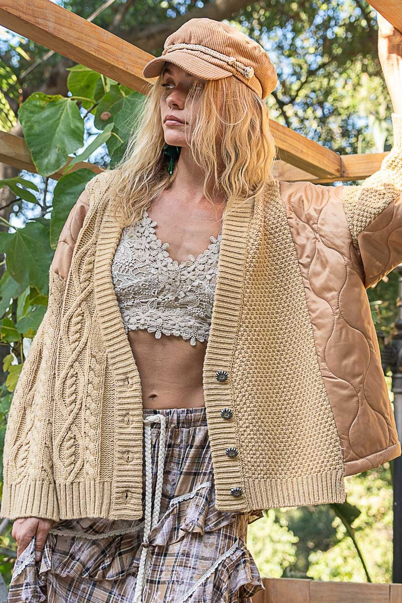 POL Quilting Patch Button Up Cable Knit Jacket 