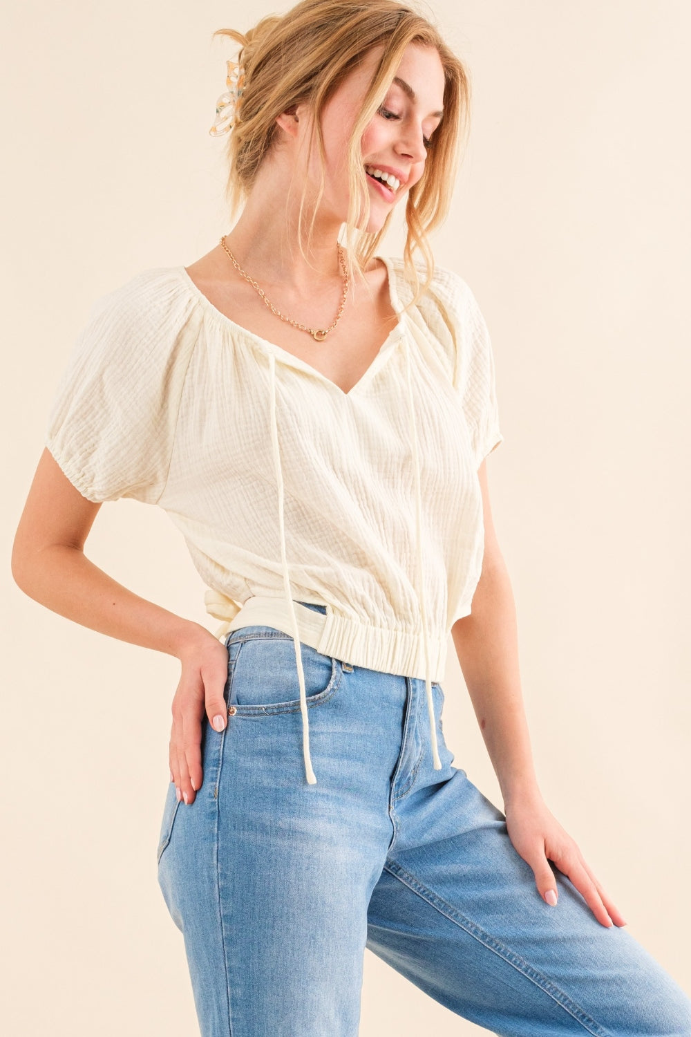 And The Why Back Waist Tie Cropped Blouse 