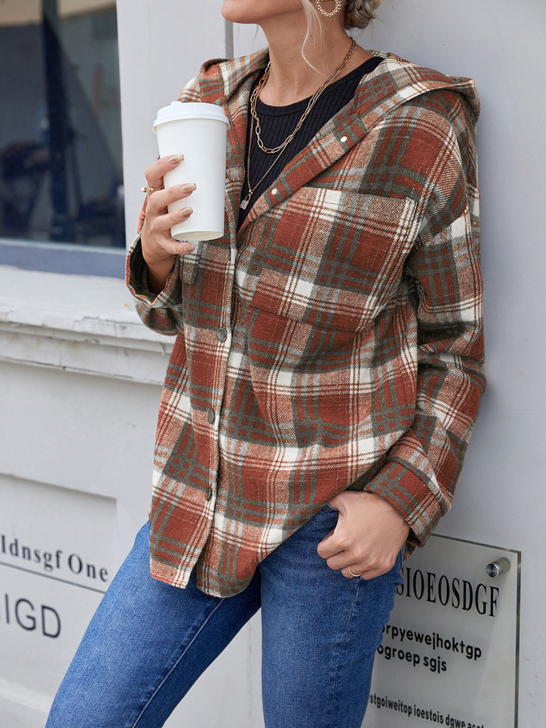 Ivy Lane Plaid Button Up Long Sleeve Hooded Jacket 