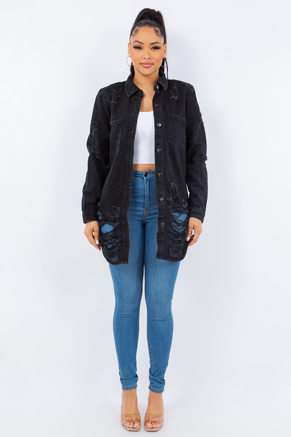 American Bazi Distressed Button Up Long Sleeve Denim Jacket 