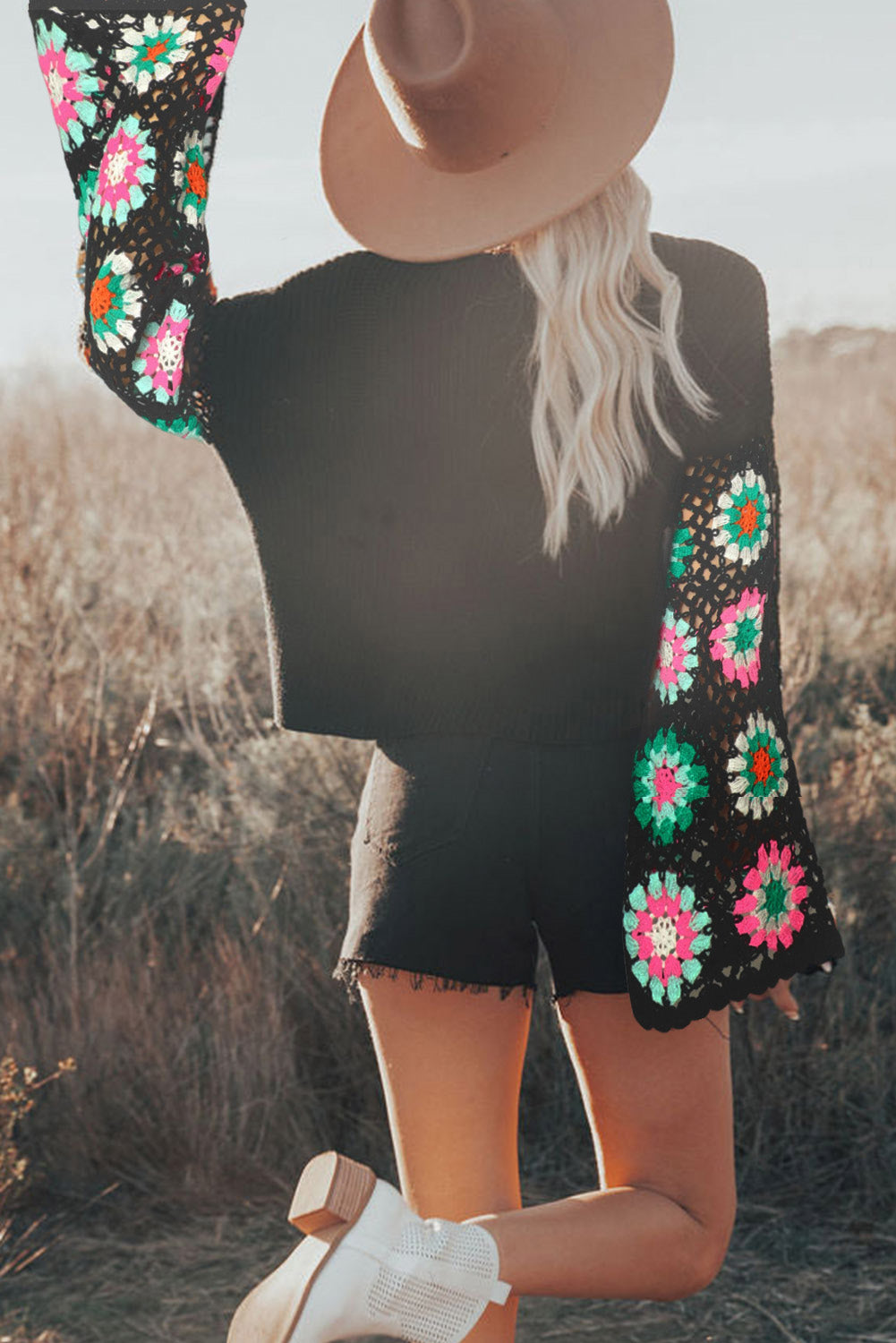 Black Floral Crochet Bell Sleeve Loose Sweater Sweaters & Cardigans/Sweaters