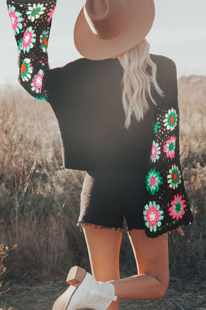 Black Floral Crochet Bell Sleeve Loose Sweater Sweaters & Cardigans/Sweaters
