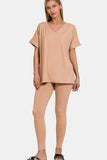 Zenana Full Size V-Neck Rolled Short Sleeve T-Shirt and Leggings Lounge Set 
