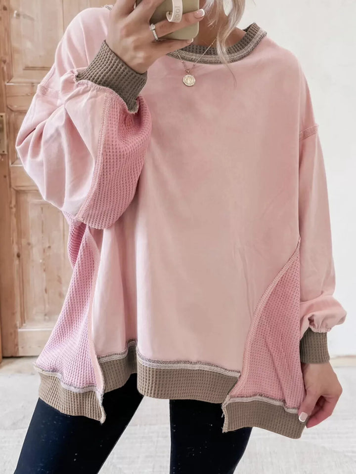 Color Block Mix Texture Waffle Patchwork Oversize Sweatshirt 