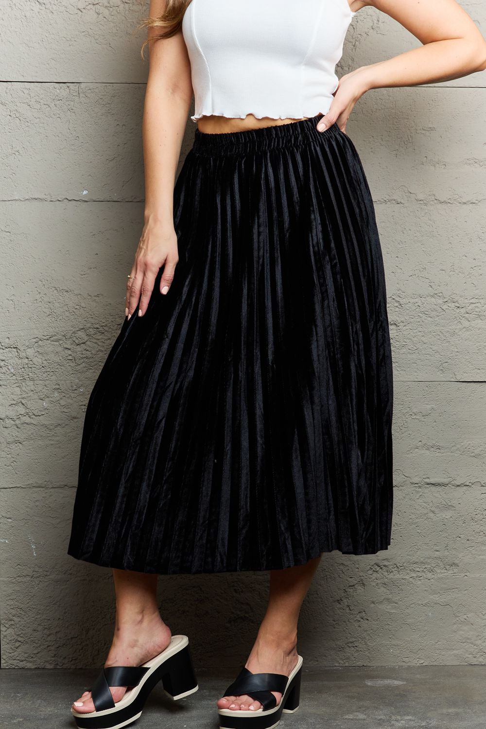 Ninexis Accordion Pleated Flowy Midi Skirt 