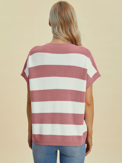 Double Take Full Size Striped V-Neck Short Sleeve Sweater 