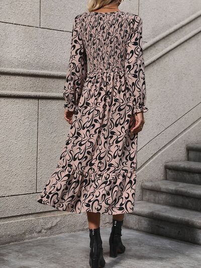Perfee Printed V-Neck Long Sleeve Midi Dress Dresses