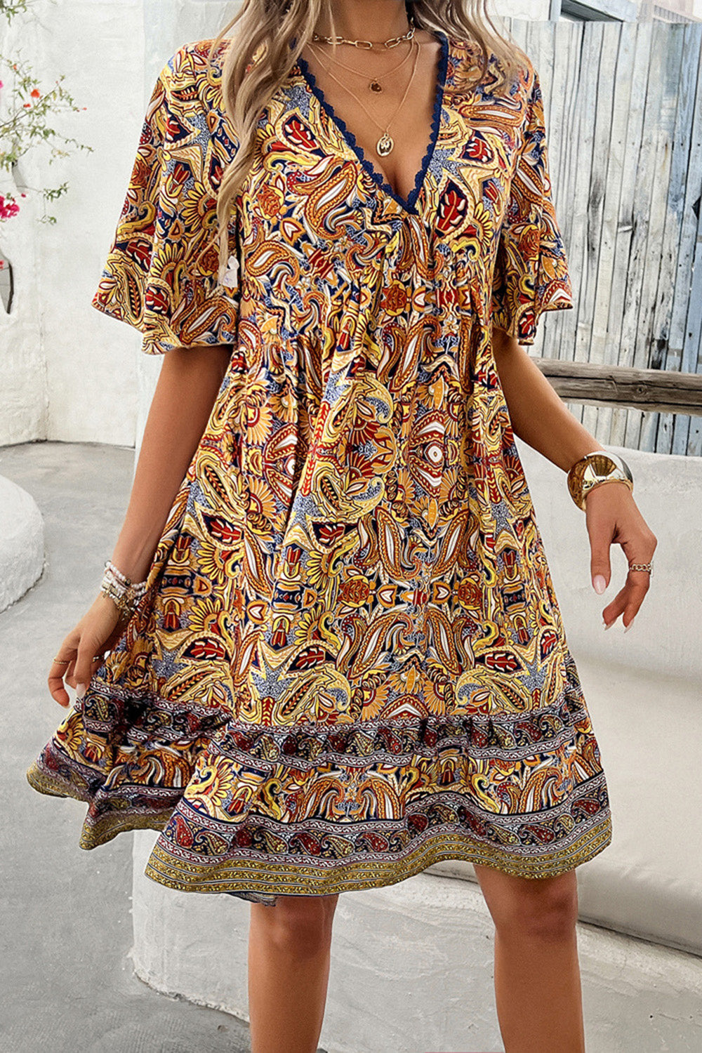 Devine Printed V-Neck Half Sleeve Mini Dress 
