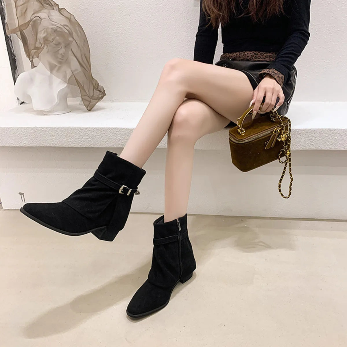 Point Toe Block Heels Boots 