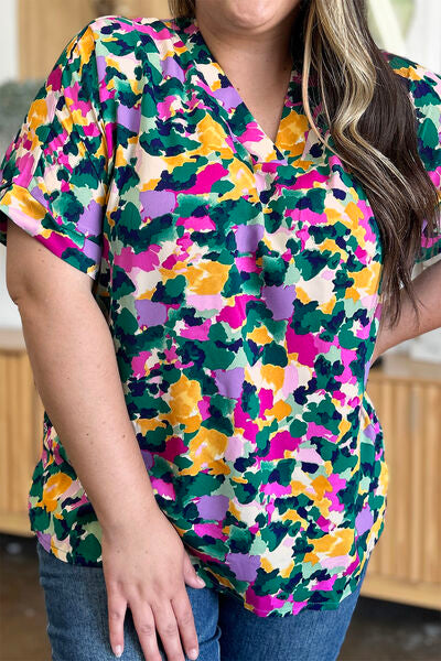 Double Take Full Size Printed V-Neck Short Sleeve Side Slit Top 