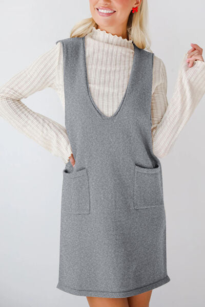 Lovelet Pocketed V-Neck Mini Sweater Overall Dress Dresses
