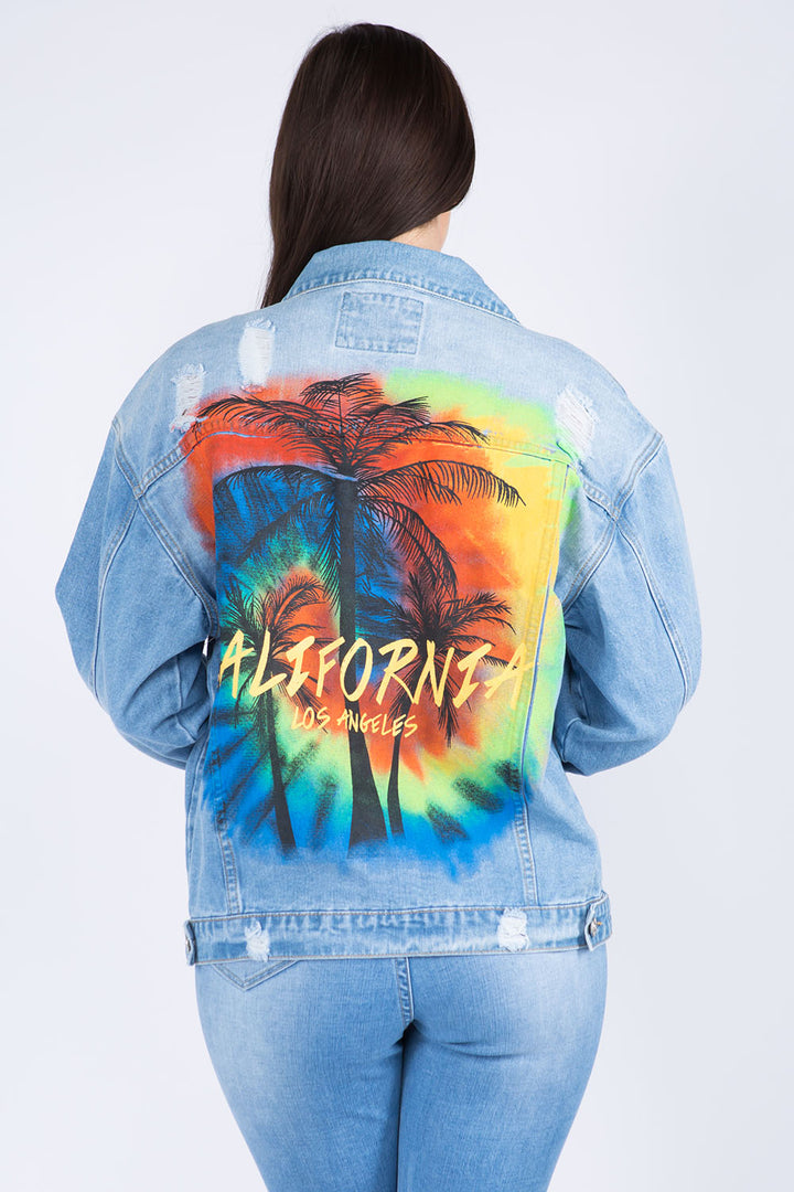 American Bazi Full Size Painted Back Distressed Denim Jacket 