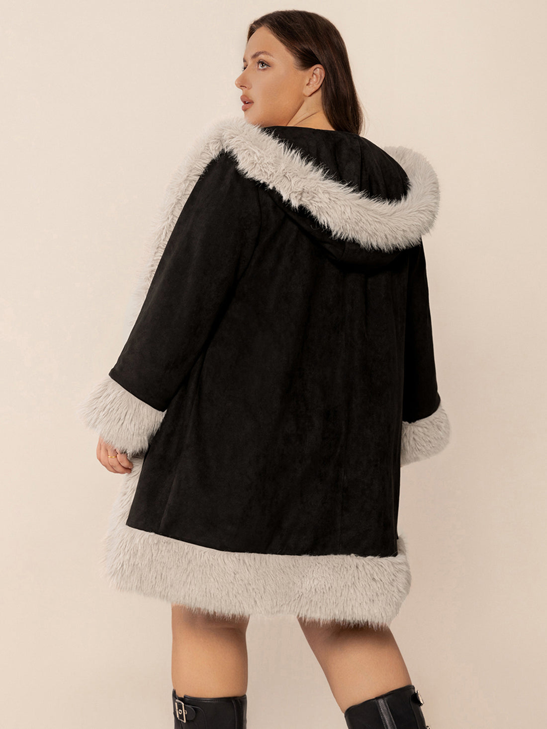 Plus Size Fuzzy Trim Open Front Long Sleeve Hooded Coat 