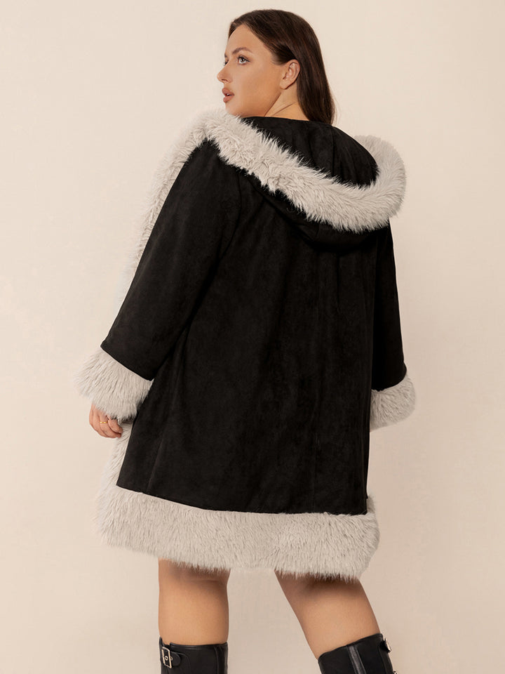 Plus Size Fuzzy Trim Open Front Long Sleeve Hooded Coat 