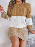 Cable-Knit Round Neck Color Block Sweater Dress 