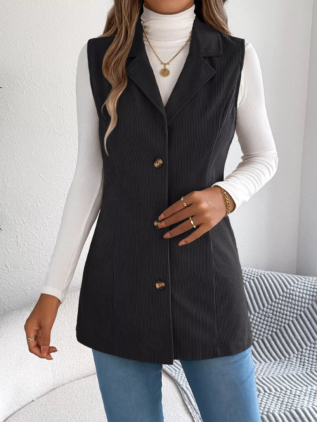 Button-Front Longline Vest Coat 