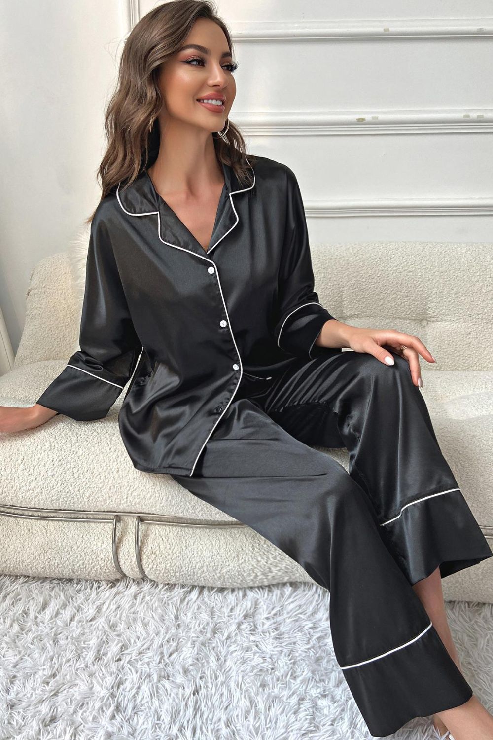 Contrast Piping Button-Up Top and Pants Pajama Set Lingerie & Nightwear