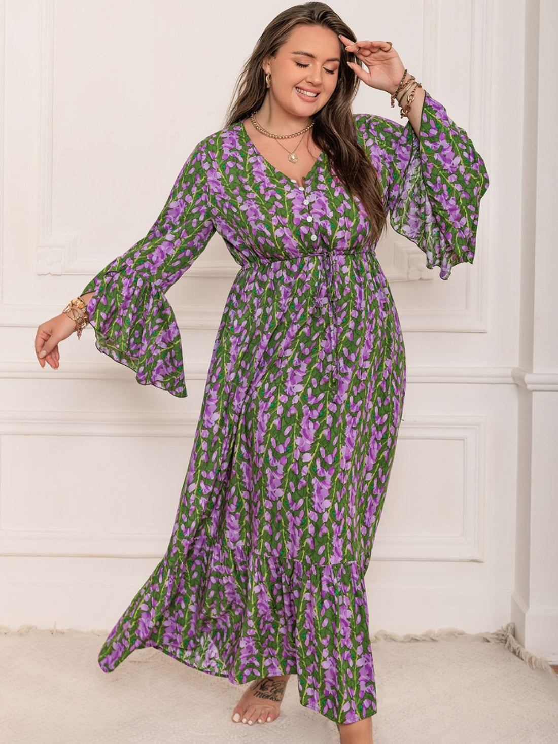 Plus Size Printed V-Neck Long Sleeve Maxi Dress 