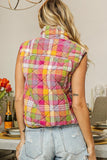 BiBi Quilted Washed Plaid Snap Down Vest 