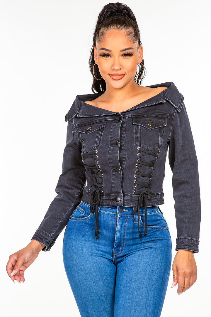 American Bazi Off Shoulder Lace Up Denim Jacket 