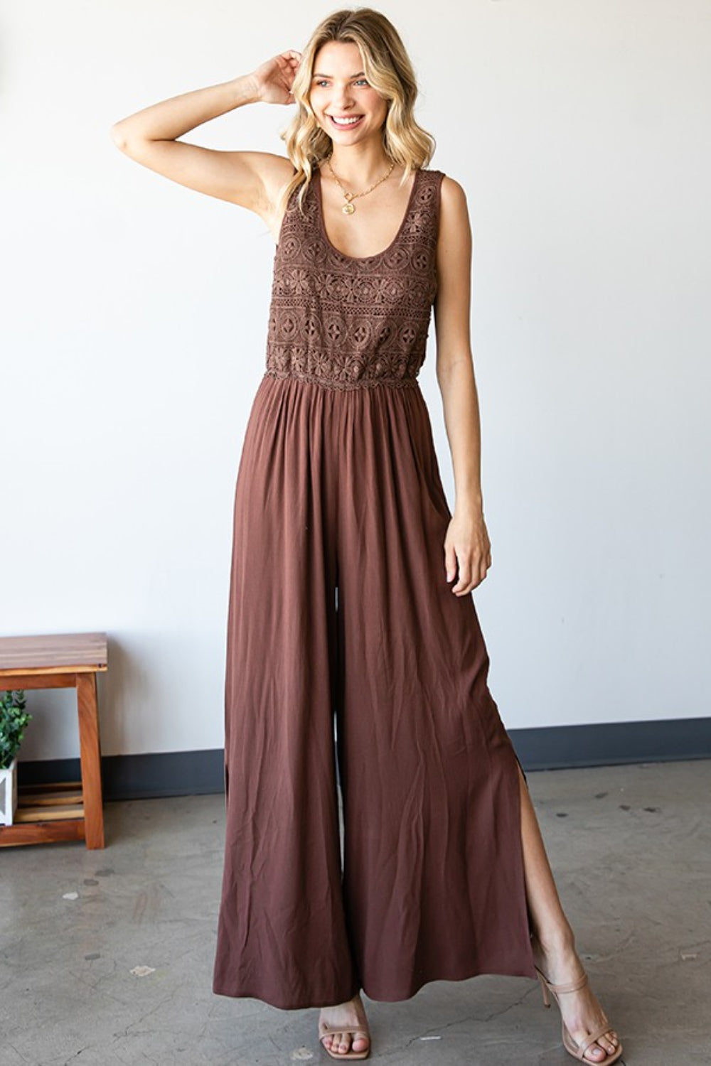 First Love Tie Back Sleeveless Slit Wide Leg Jumpsuit 