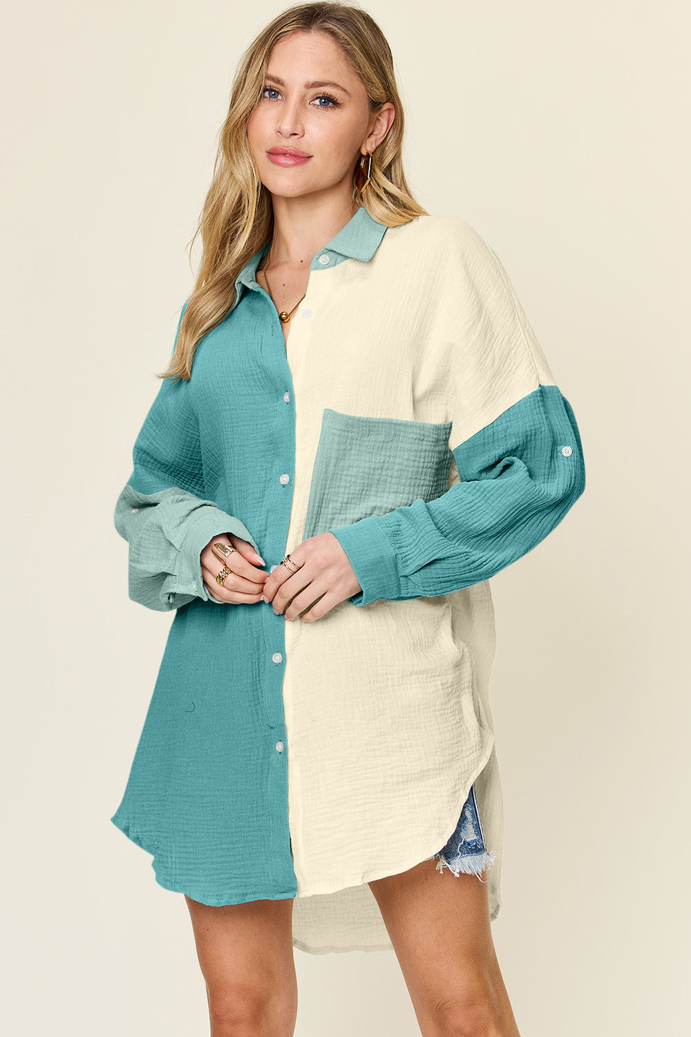 Double Take Full Size Pocketed Texture Button Up Shirt 