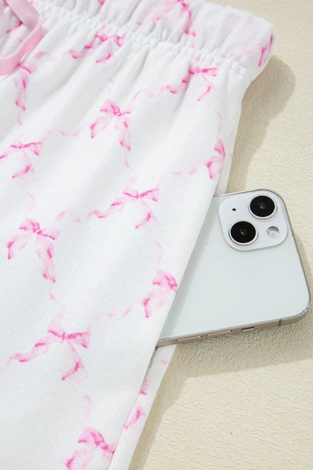 Bow Print Lettuce Trim Round Neck Top and Shorts Lounge Set Lingerie & Nightwear