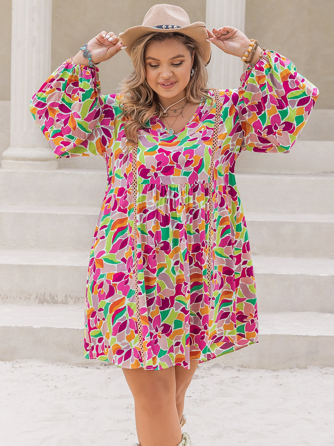 Plus Size Printed V-Neck Balloon Sleeve Mini Dress 