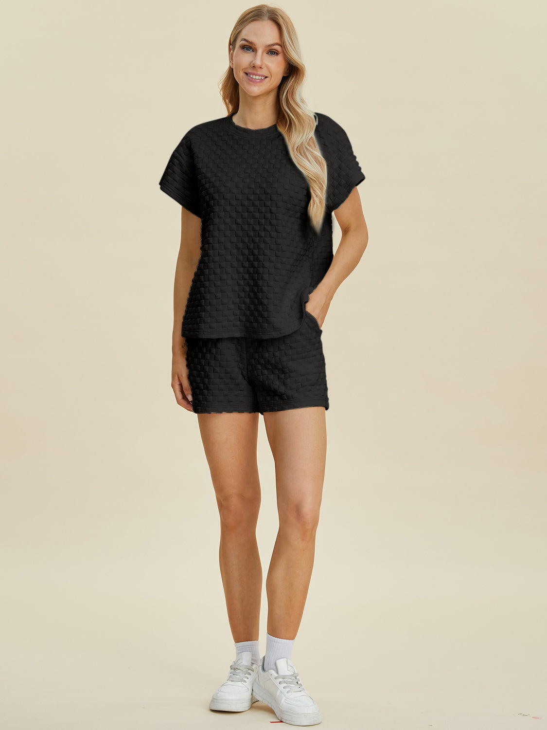 Double Take Full Size Texture T-Shirt and Shorts Set 