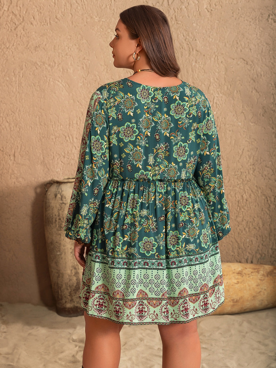 Plus Size V-Neck Balloon Sleeve Printed Mini Dress 