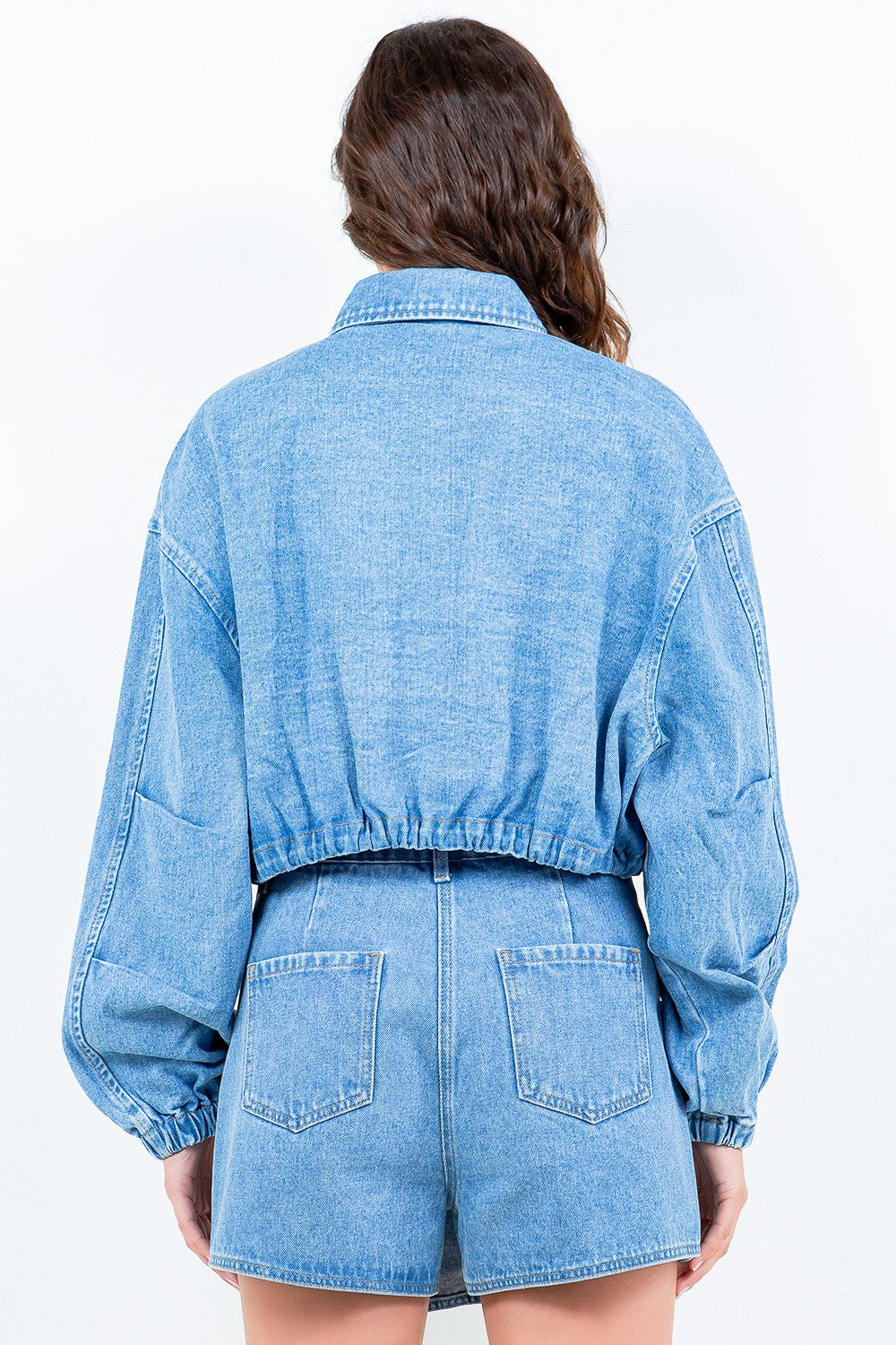 American Bazi Drawstring Waist Crop Denim Jacket 