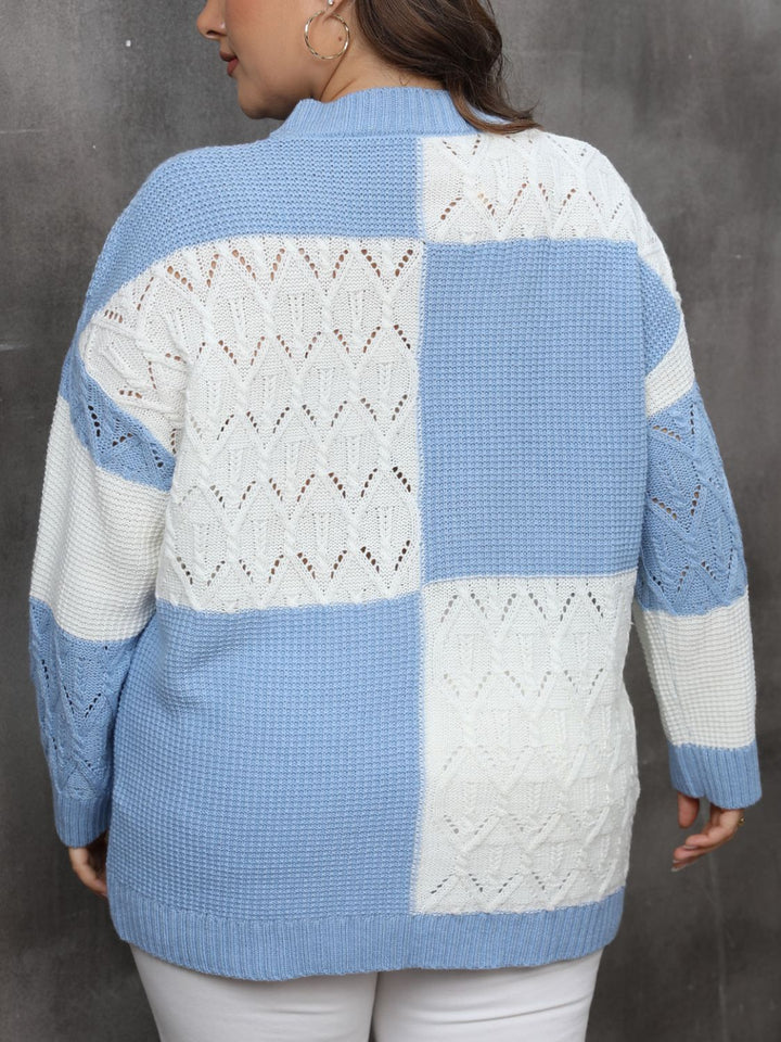 Plus Size Openwork Color Block Long Sleeve Sweater 