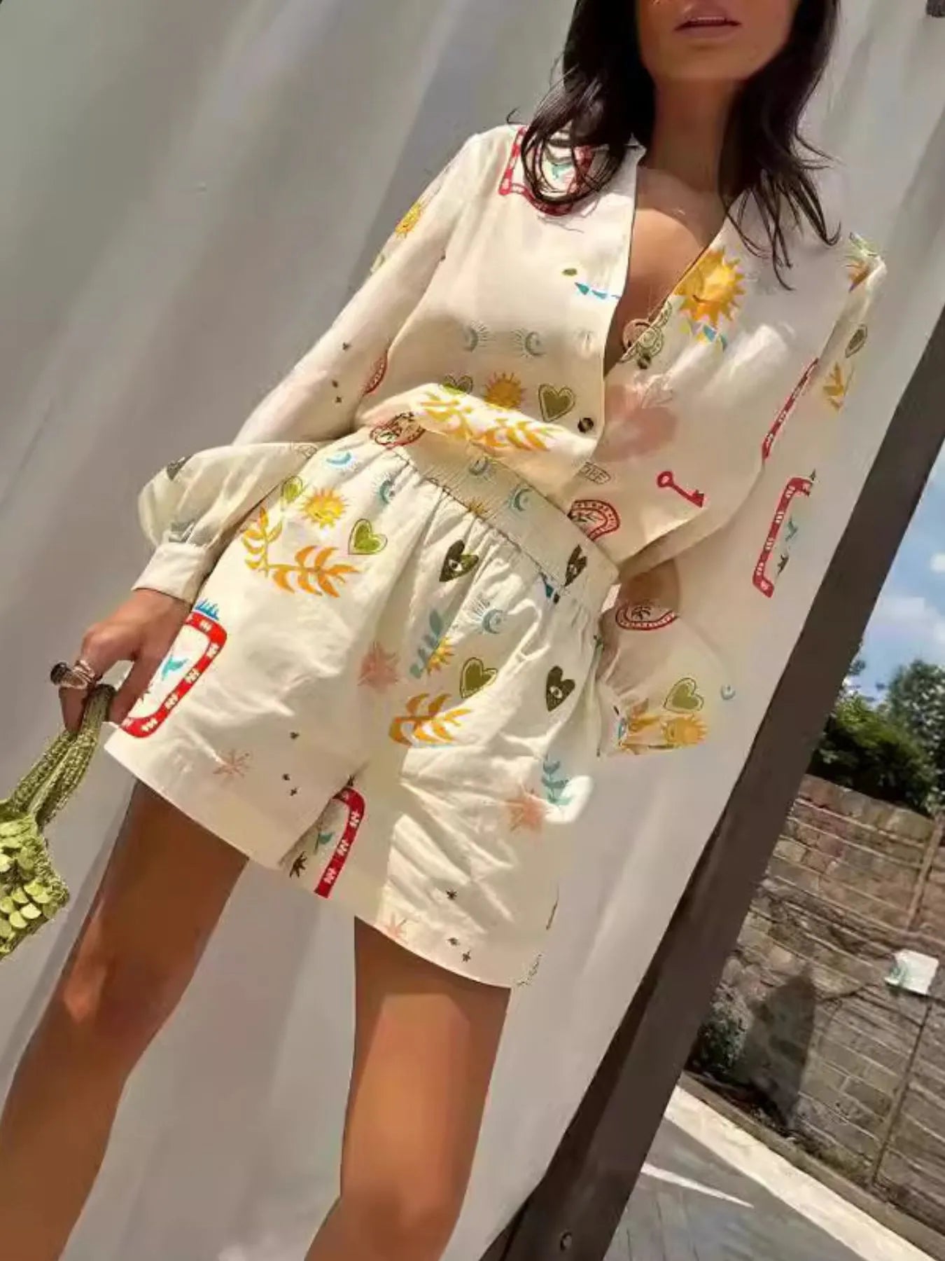 Printed Long Sleeve Shirt and Shorts Set Two Piece Dresses