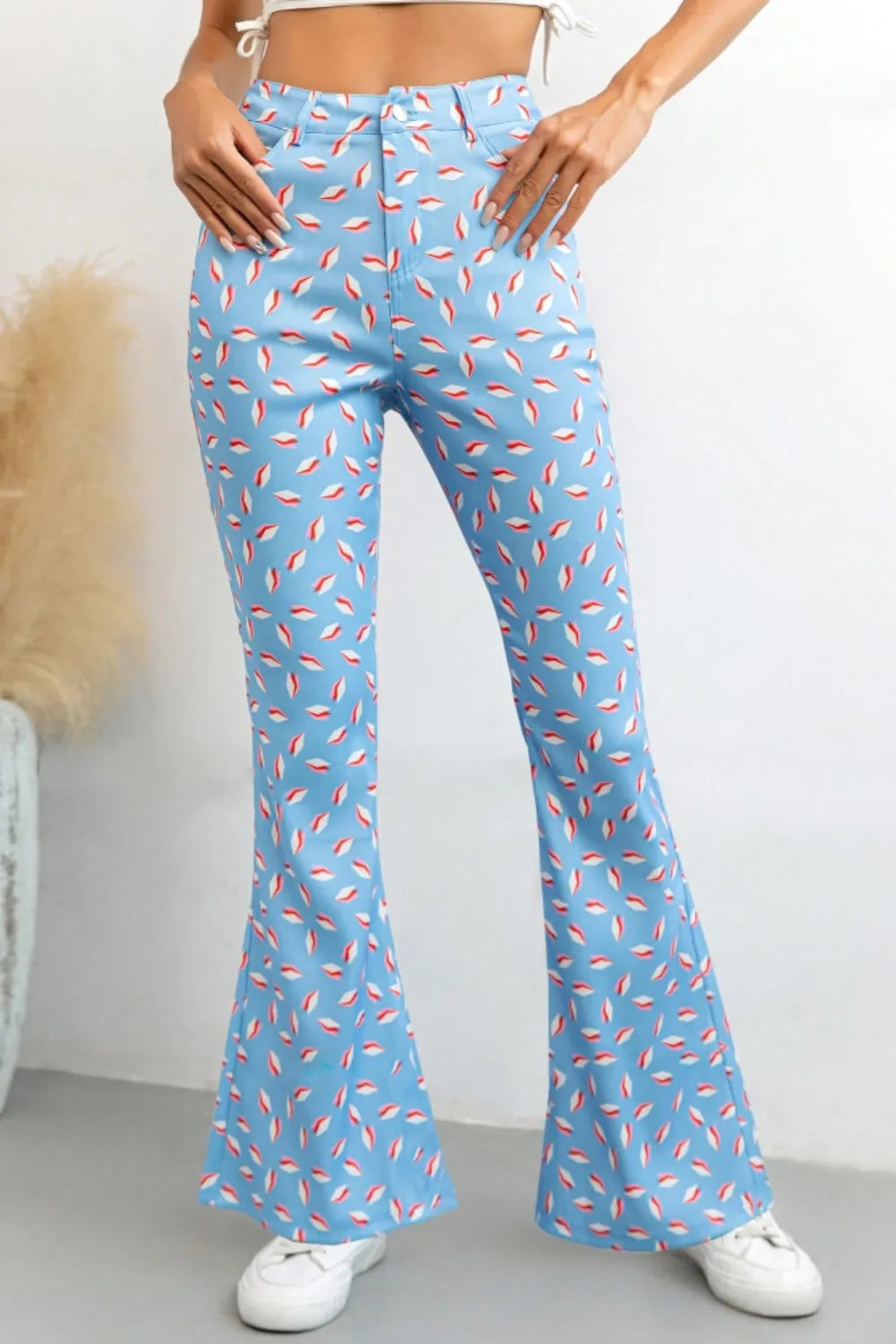 Printed High Waist Flare Pants with Pockets 