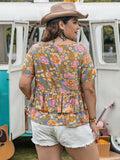 Plus Size Layered Printed Round Neck Short Sleeve Blouse 