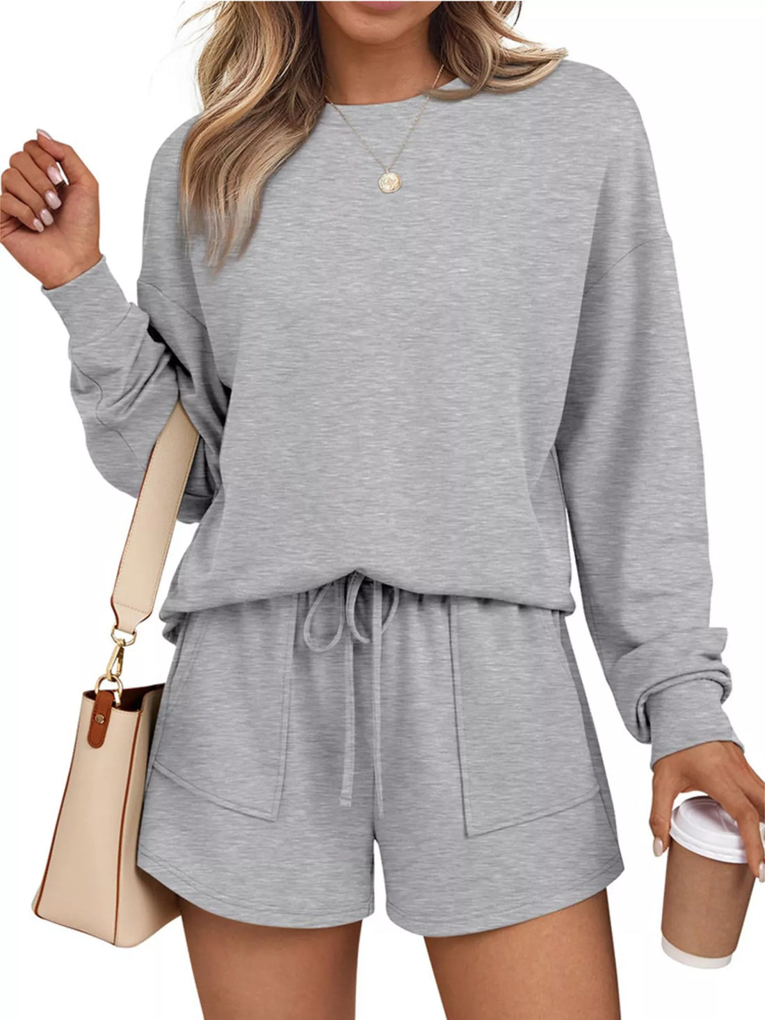 Round Neck Long Sleeve Top and Shorts Set Two Piece Dresses