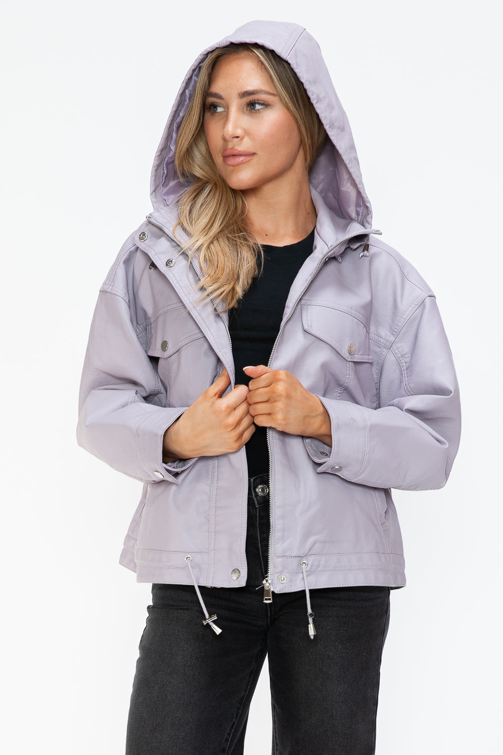 How Dare U Drawstring Hem PU Leather Zip Up Jacket 