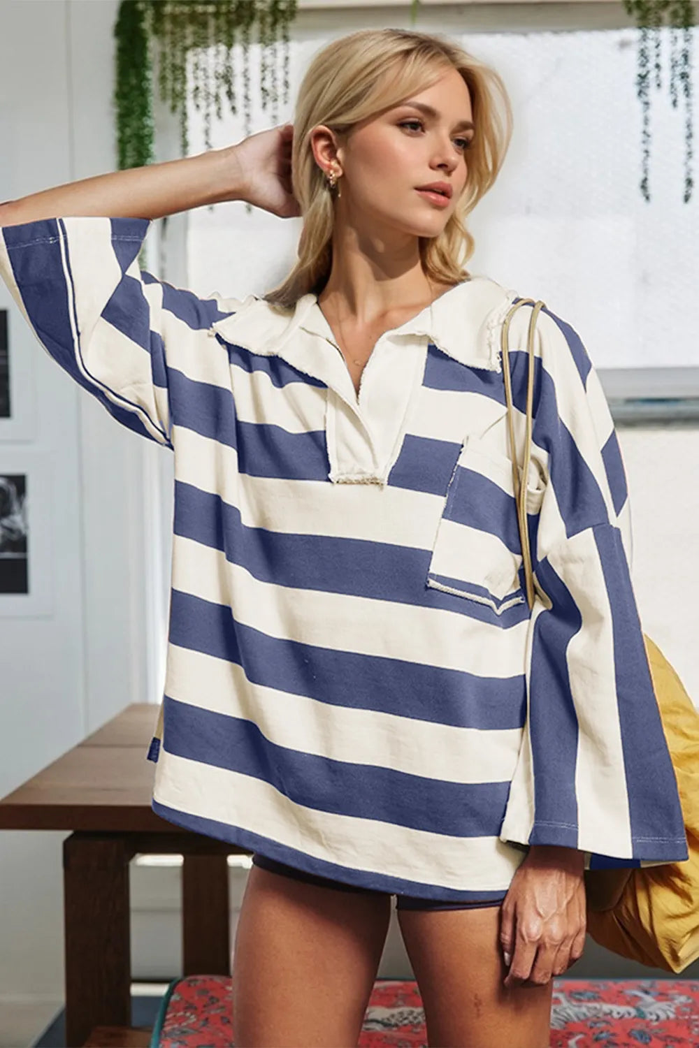 Oh Striped Johnny Collar Long Sleeve T-Shirt 