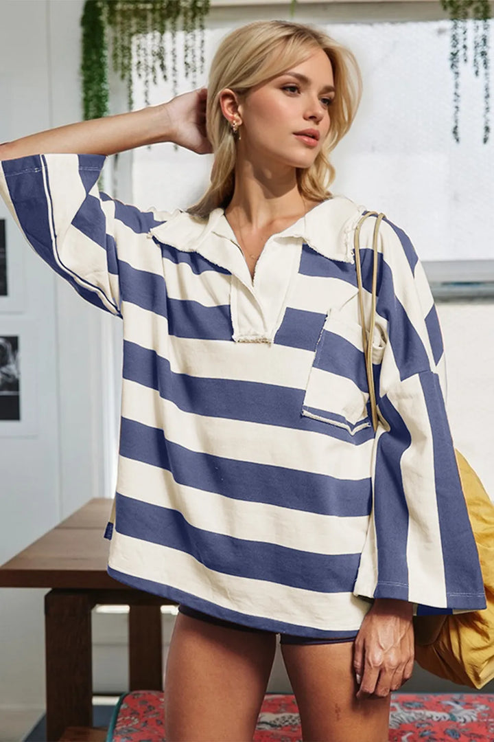 Oh Striped Johnny Collar Long Sleeve T-Shirt 