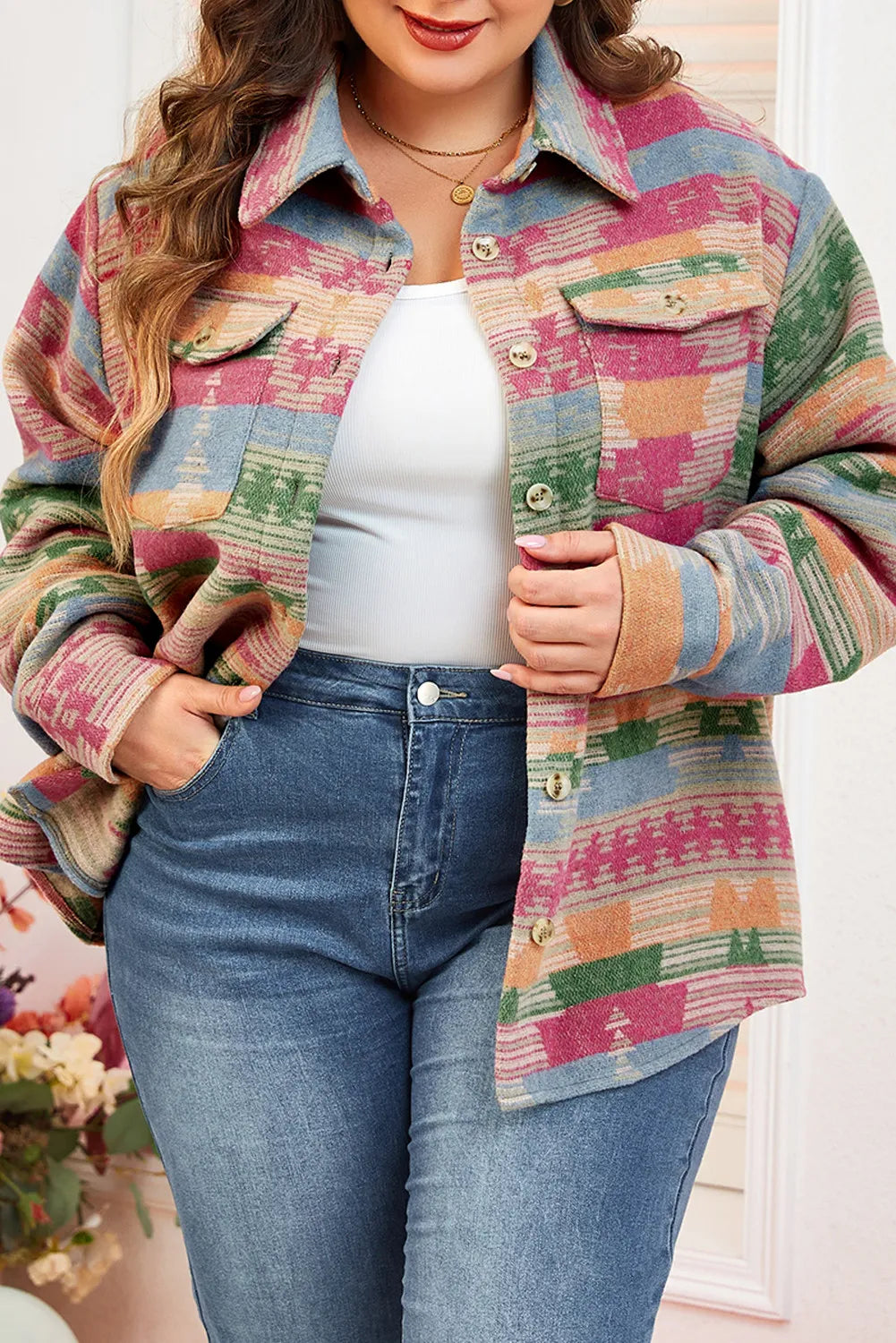 Plus Size Pocketed Printed Collared Neck Jacket 