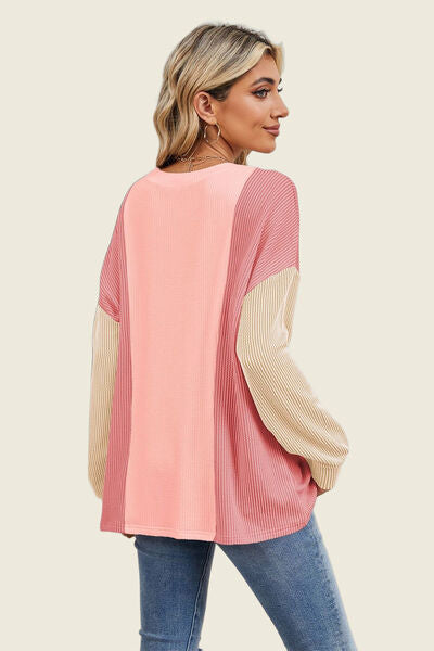 Double Take Texture Contrast Round Neck Long Sleeve T-Shirt 