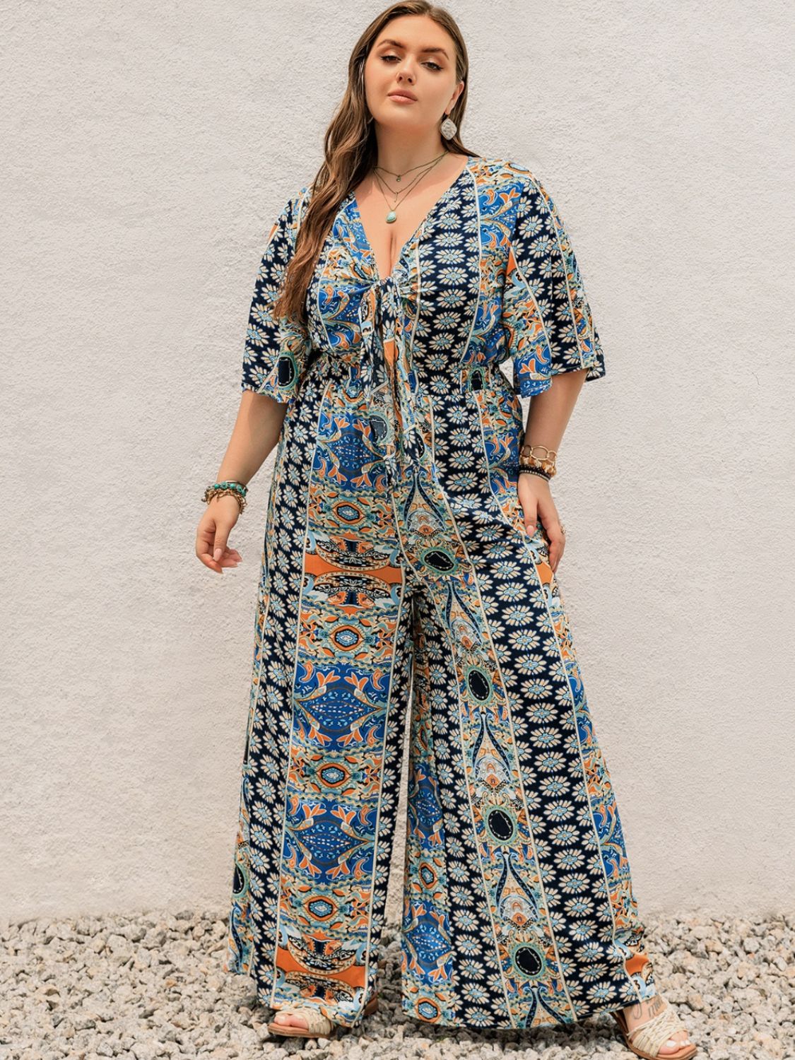 Plus Size Printed Half Sleeve Wide Leg Jumpsuit 